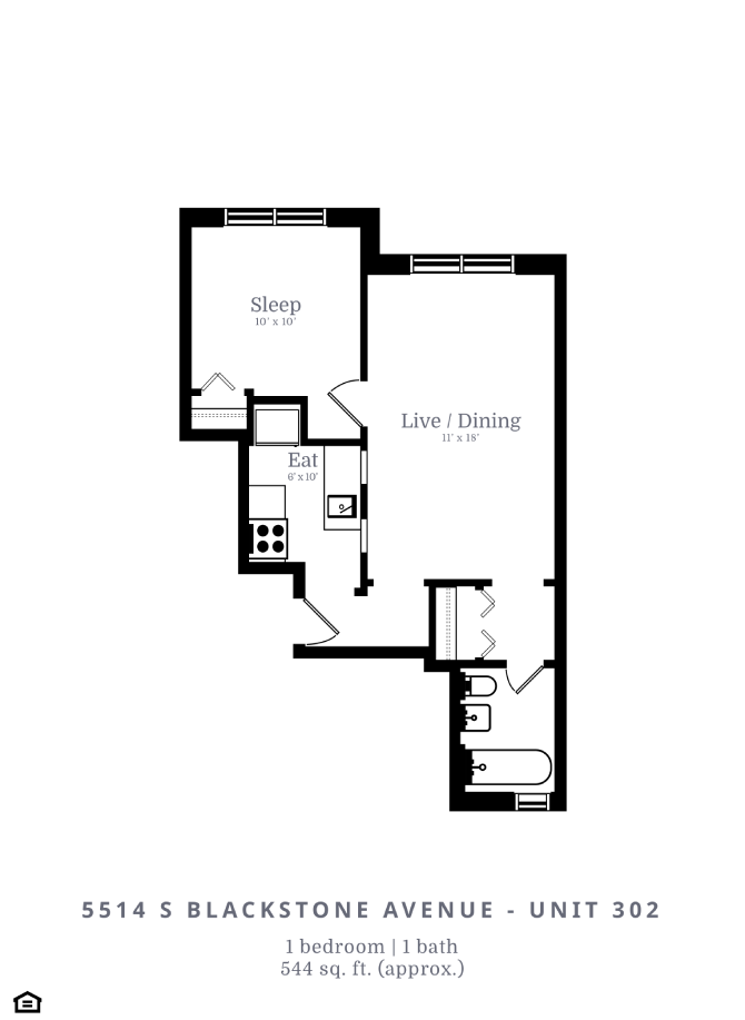 Floor plan for 1 bed, 1 bath, 531 sqft
